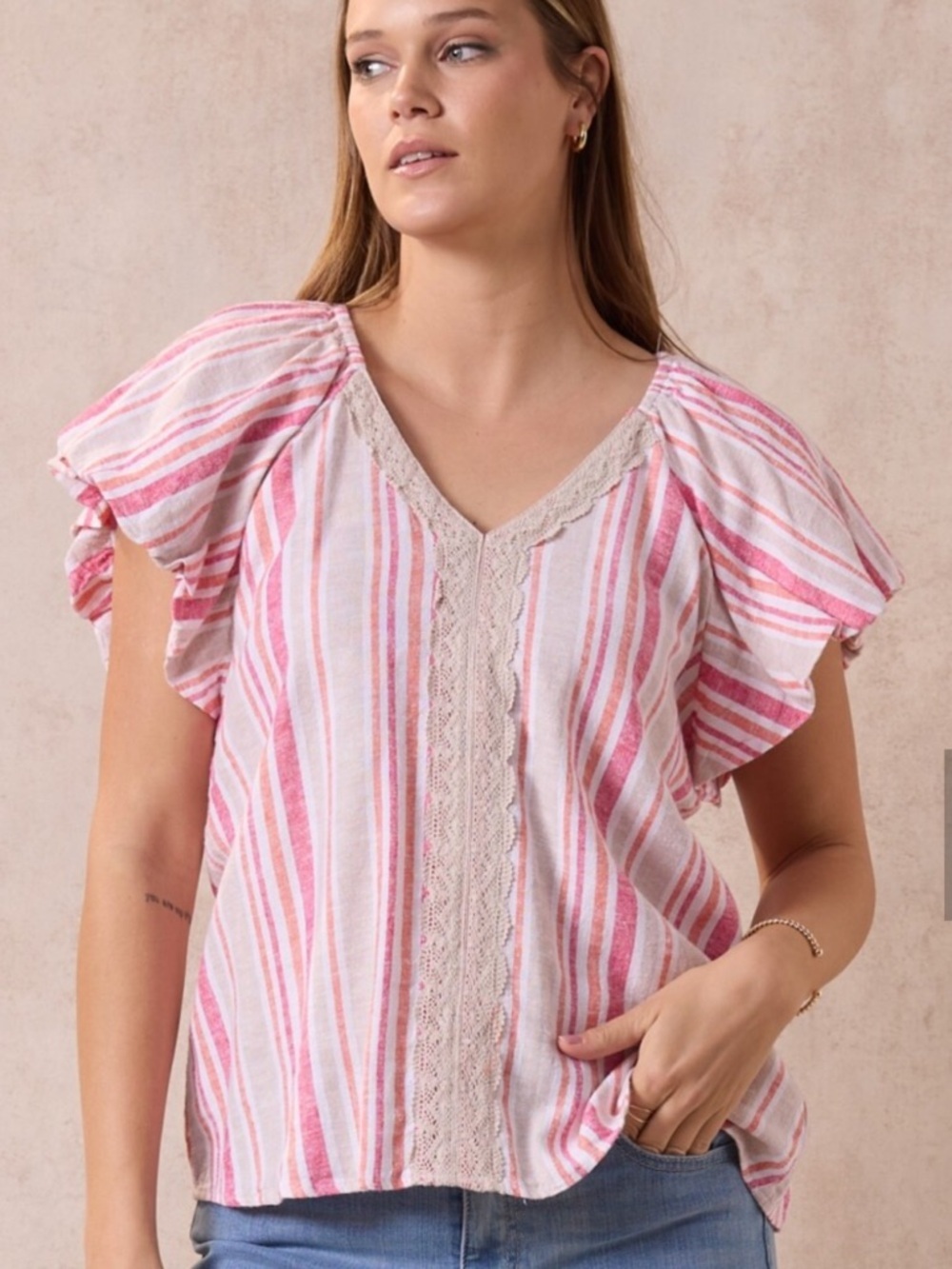 Cupio Cream and Pink Striped V-Neck Flutter Sleeve Small Linen Blend Blouse